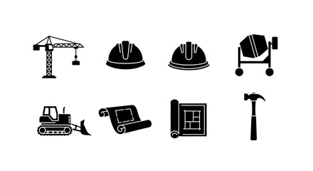 Construction icons showcase equipment, safety, and blueprints for innovative building projects and robust infrastructure development planning