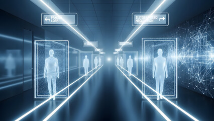 Data transfer via futuristic digital corridor with digital human figures