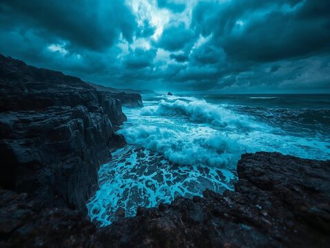 Dramatic ocean waves crashing against rocky cliffs under a stormy sky, vibrant blues and grays
