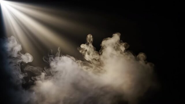 Volumetric light rays pierce through thick swirling atmospheric smoke moving slowly across a perfectly minimalist black void backdrop steam, dark, mysterious