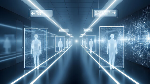 Data transfer via futuristic digital corridor with digital human figures