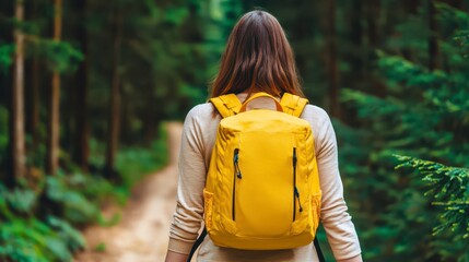 A person walks through a forest path, wearing a bright yellow backpack, surrounded by lush green trees.