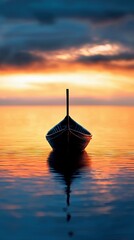 A small boat floats on calm water, reflecting the colors of a vibrant sunset. The sky is filled with dramatic clouds, creating a peaceful and serene atmosphere.