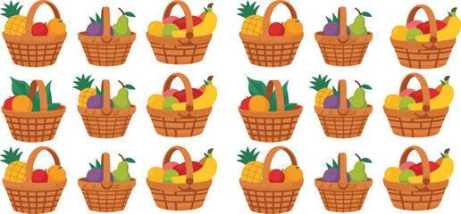 fruit basket grid, assorted fruits, banana apple orange, pineapple grape pear, colorful arrangement, food pattern illustration, healthy eating concept