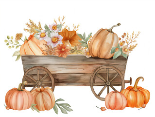 Watercolor wooden autumn cart floral pumpkin illustration on white background
