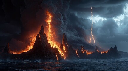 Dramatic landscape of fiery mountains erupting with lightning strikes under a dark, stormy sky. The scene depicts a volcanic eruption over the sea.