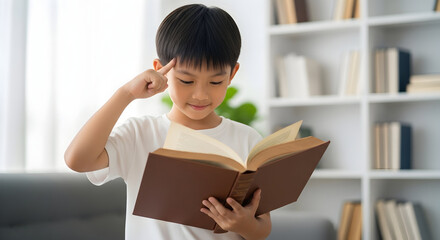 Inspiring Minds Young Asian Boy Immersed in a World of Knowledge Engaging with Literature at Home Nurturing Curiosity and Promoting Academic Excellence Development