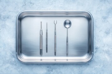 Surgical Instruments Arranged Neatly on Metal Tray Against Blue Background
