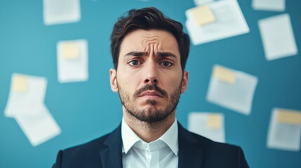 A concerned man in a suit stands against a blue wall, surrounded by scattered notes, reflecting anxiety or stress.
