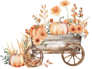 Watercolor wooden autumn cart with pumpkin and flowers