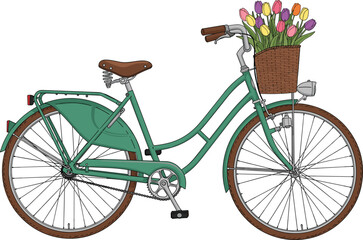 Green vintage bicycle with wicker basket full of colorful tulip flowers, spring outdoor leisure ride, retro style transport, floral decoration