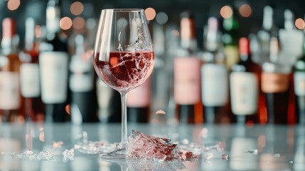 A shattered wine glass sits on a table, surrounded by glass shards, with blurred bottles of wine in the background, creating a dramatic and elegant atmosphere.