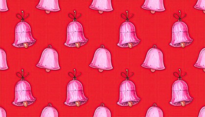 Seamless pattern of charming pink watercolor bells with green ribbons on a vibrant red background.