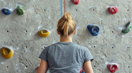 A person stands before a climbing wall, preparing to ascend, with colorful holds set against a textured gray surface.
