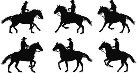 Horseback rider silhouette, cowboy hat figure, equestrian pose collection, western horse riding illustration, black shadow art, animal posture design