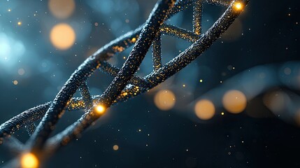 Close-up of a DNA strand with glowing golden particles, set against a dark blue background. Illustrating genetics, science, and the building blocks of life.