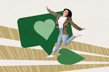 Creative full art collage of happy girl receive like reaction bubble notification social media influencer heart icon donation