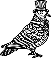 Obraz premium Dapper pigeon gentleman wearing top hat and bow tie elegant bird illustration, vintage stylized line art