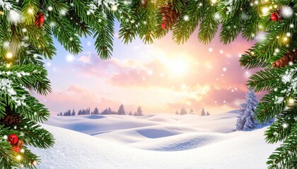 Enchanting winter wonderland sunset framed by festive fir branches with glowing lights.