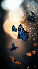Several butterflies with blue and orange wings are flying in front of a bokeh background with a dark atmosphere.