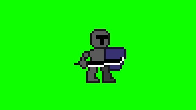 Pixel art animation of a knight on a green background. 32-bit.