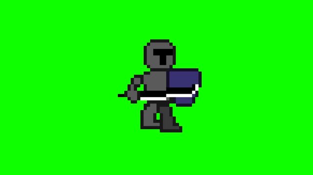 Pixel art animation of a knight walking on a green background. 32-bit.