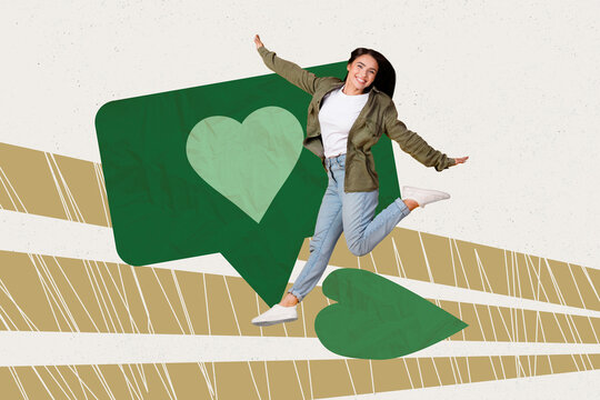 Creative full art collage of happy girl receive like reaction bubble notification social media influencer heart icon donation