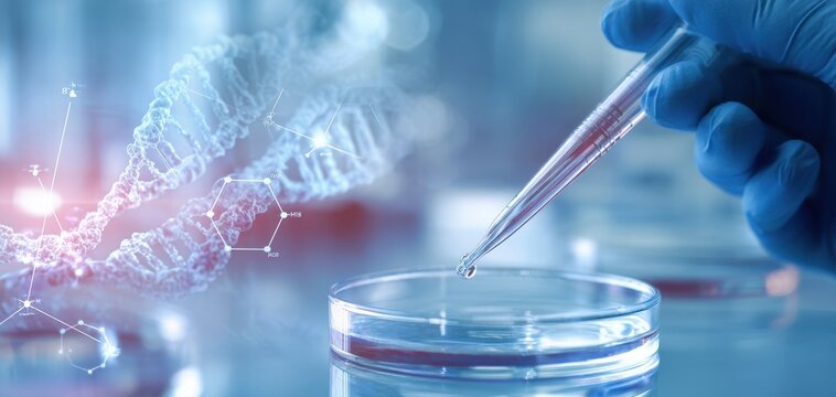 The Pipette and Petri Dish with DNA Helix Hologram in Lab Environment