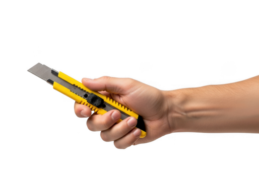 Hand holding a yellow utility knife isolated on transparent background