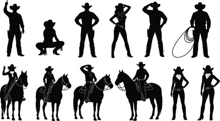 Large collection of Western cowboy and cowgirl silhouettes, featuring men riding horses, holding lassos, and posing women. Vector set.