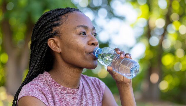 Stay hydrated and healthy with fresh water on a sunny day - a young woman enjoying refreshment and wellness in nature's beauty, promoting a healthy lifestyle - Powered by Adobe