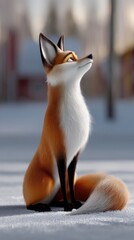 Obraz premium Cute cartoon fox sitting in the snow looking upwards with a curious expression in a winter landscape