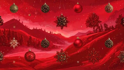 Vibrant Red Christmas Landscape with Hanging Ornaments Pinecones Snowflakes and Glittering Snow.