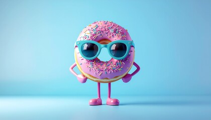 Cool pink donut with sprinkles and sunglasses standing confidently against a vibrant blue background for a fun, whimsical summer vibe and delicious treat