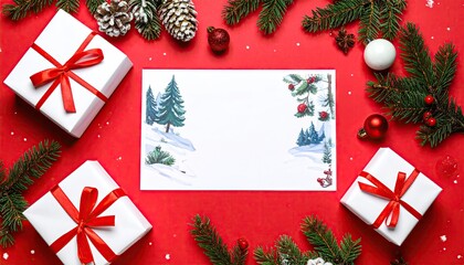 Festive holiday flat lay with gift boxes pine branches and blank greeting card.