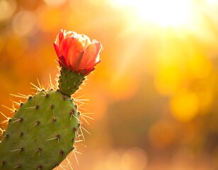 Cactus blossoms, the flower atop its spiky green structure with a golden, warm light-filled background