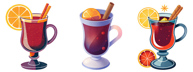 Set of mulled wine illustrations on transparent background, PNG image
