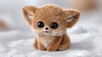 Fototapeta premium Cute fluffy creature sitting on soft white surface, showcasing large expressive eyes and a round face, exuding a sense of warmth and playfulness in a cozy setting