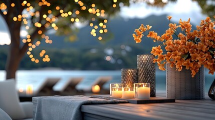A wooden table is set with candles, flowers, and decorative vases. The scene is outdoors near the sea at dusk, with string lights in the background.