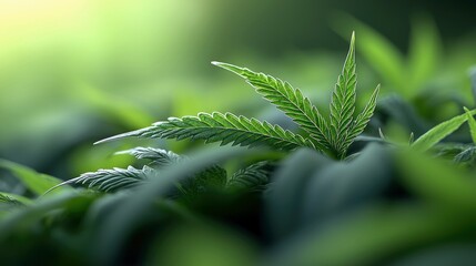 Close-up of a cannabis leaf in a field of green plants, with soft lighting and a blurred background.