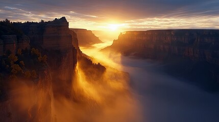 Stunning landscape of a canyon filled with fog at sunrise, bathed in golden light.