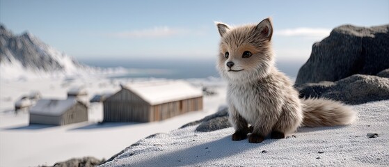 Obraz premium Cute fox stands on snow-covered rocks near wooden cabins in a serene winter landscape under a clear blue sky during daytime