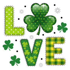 St. Patrick's Day LOVE Applique Design: Polka Dots, Plaid, and Shamrock Patterns in Green and Yellow with Glossy Clover