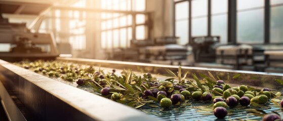 The Olives on a Conveyor Belt Being Washed in a Sunlit Processing Plant