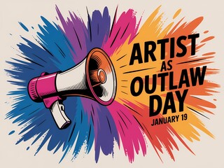 Celebrate artist as outlaw day with a vibrant megaphone and explosive color splash