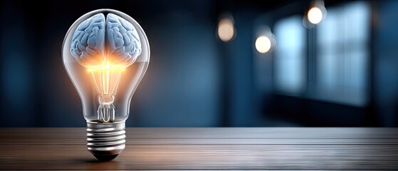 Creative concept of a light bulb with a brain inside, representing innovative ideas and intelligence in a modern workspace at night