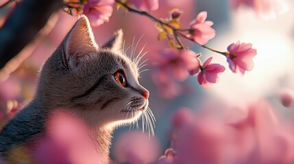 A close-up of a cat looking up, surrounded by pink cherry blossoms, with soft sunlight creating a dreamy atmosphere.