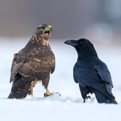 Bird dispute A hawk squawks while a raven calmly observes in a snowy field, a frosty woodland backdrop