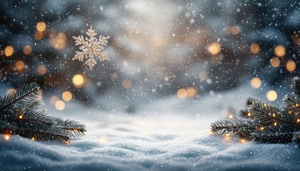 Fototapeta premium Snowy winter wonderland scene with sparkling snowflake enchanted forest holiday theme peaceful atmosphere close-up view magical concept for seasonal decor inspiration