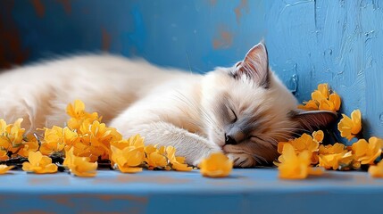 A fluffy white cat is sleeping peacefully among bright yellow flowers against a blue background, creating a serene and calming atmosphere.